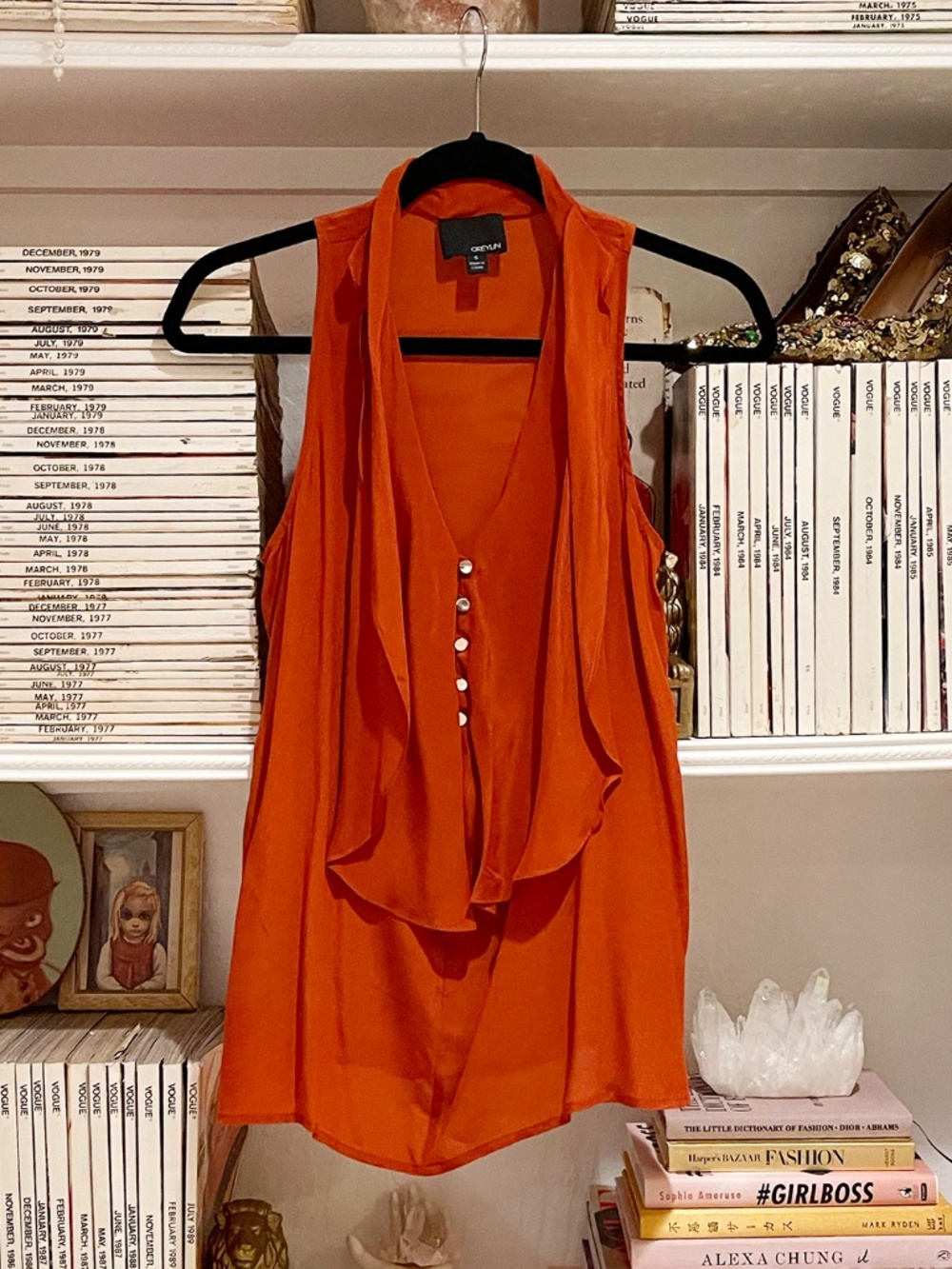 GREYLIN silk sleeveless blouse deep rust ruffled tank top burnt orange fall